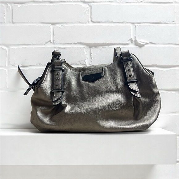 Vera Wang Buena Satchel Handbag Metallic Gray Pewter Studs Vintage Boho Shoulder - Picture 11 of 11